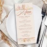 Foliage Duet Cream Terracotta Botanical Wedding Meny<br><div class="desc">Botaniskt bröllop-meny i en damm och bränd orange för att komplettera ditt bröllopsfärgTema. En vattenfärgskonstruktion som dekoreras med blad och blad i nyanser av rostkanel, mandelgul och guld. Mallen är konfigurerad så att du kan anpassa den med de angivna menyalternativen eller målalternativen. Elegant, lugn design med modern stil och en...</div>