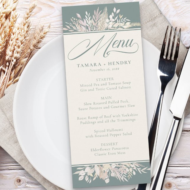 Foliage Duet Sage Grönten Botanical Bröllop Menu Meny (Sage Green Elegant Wedding Menu - Foliage Duet wedding collection)