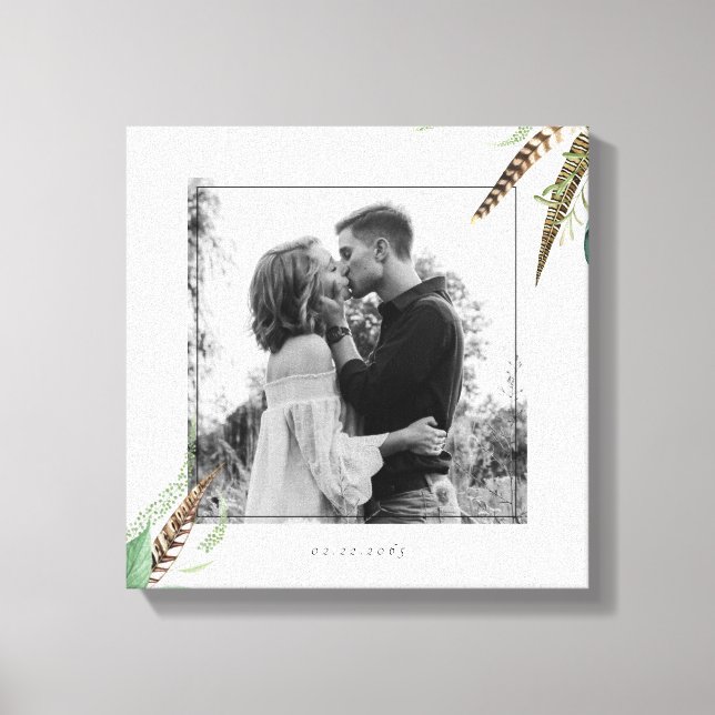 Foliage & Feathers Förlovning Foto Bröllop Date Canvastryck (Framsida)