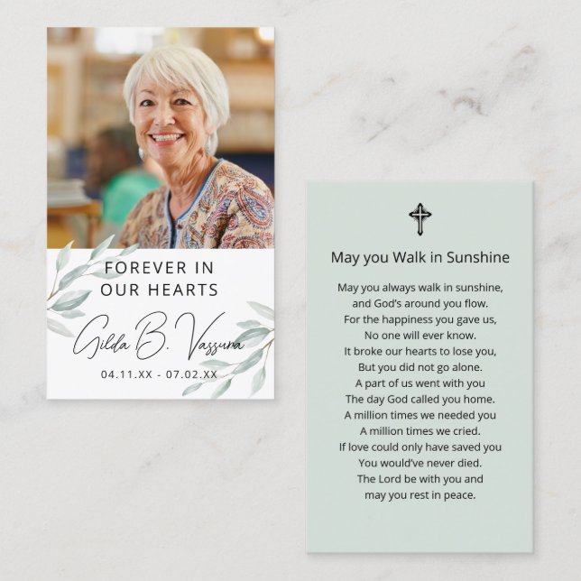 Foliage Funeral Memorial Prayer Photo Card Visitkort (Fram/baksida)