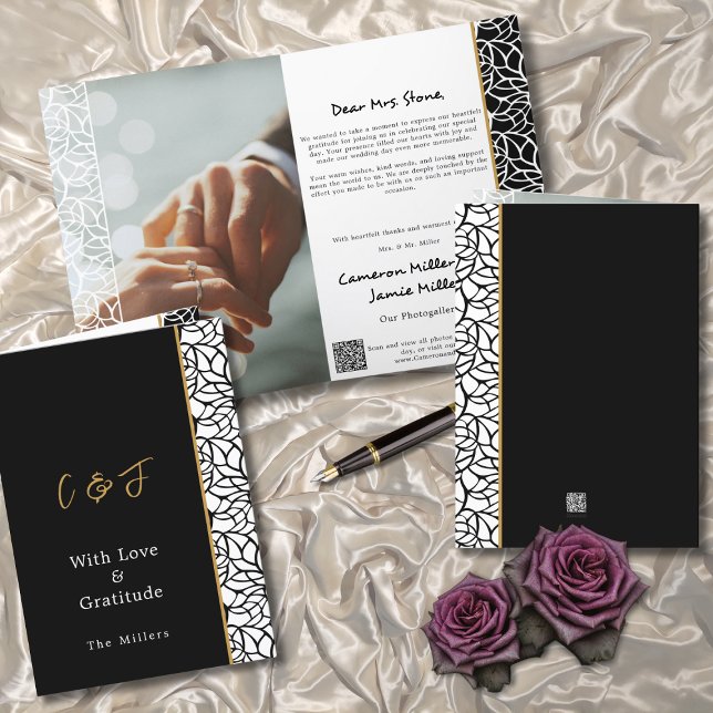 Foliage Gräns Black White Bröllop, falsk Tack Kort (Foliage Border Black White Wedding Folded Thank You Card)