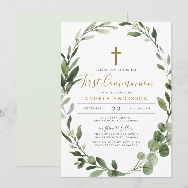 Foliage Greenery First Communion-inbjudan Inbjudningar (Fram/baksida)