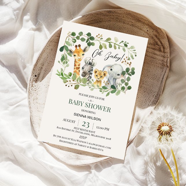 Foliage Greenery Gender Neutral Safari Baby Shower Inbjudningar (Safari Baby Shower Invitation Greenery Foliage Gender Neutral, Wild One Jungle Animals Baby Shower )