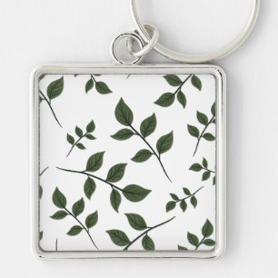 Foliage Grenar med Grönt Löv på White Fyrkantig Silverfärgad Nyckelring