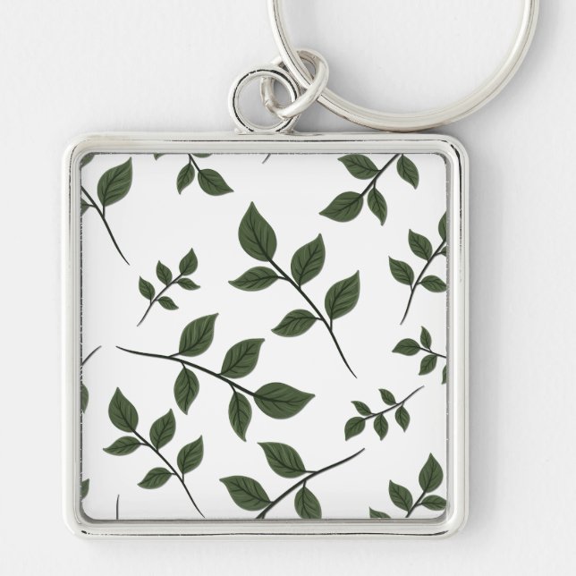 Foliage Grenar med Grönt Löv på White Fyrkantig Silverfärgad Nyckelring (Framsidan)