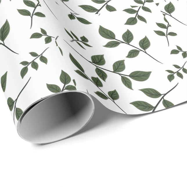 Foliage Grenar med Grönt Löv på White Presentpapper (Rullad Hörn)