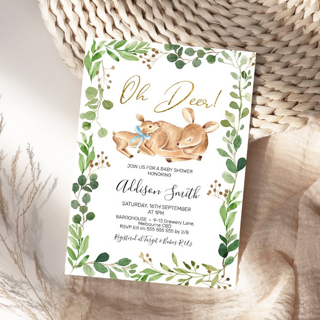 Foliage Grönt Gräns Hjort Fawn Boys Baby Shower Inbjudningar (Foliage Frame Oh Deer Baby Shower Invitation, Greenery Deer Themed Baby Shower Invite, Blue Bow Fawn)