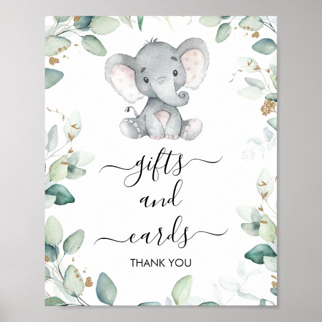Foliage Grönt Guld Elephant Baby Shower-skylt Poster (Framsidan)
