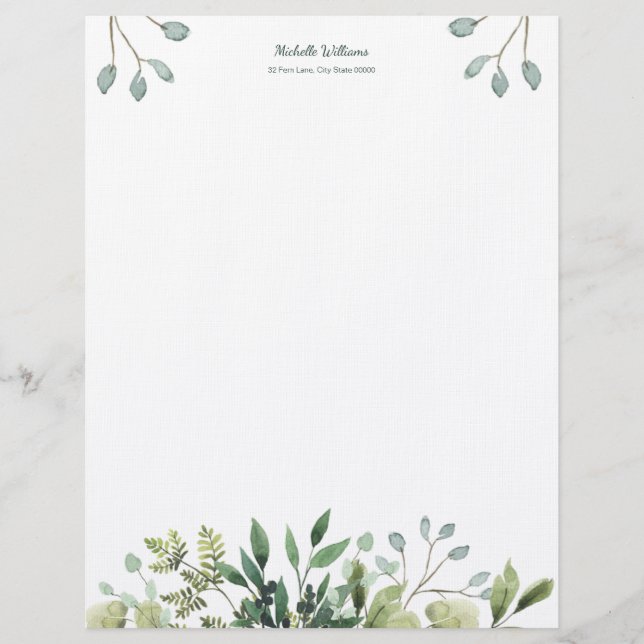 Foliage Grönt Löv Watercolor Letterhead Brevhuvud (Framsida)
