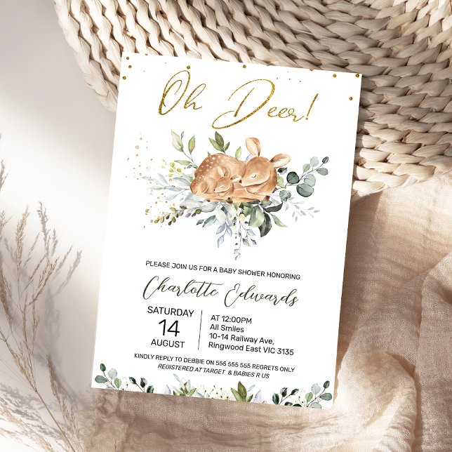 Foliage Grönt Oh Hjort Baby Shower Inbjudningar (Oh Deer Baby Shower Invitation Gender Neutral, Greenery Foliage Deer Fawn Baby Shower Invitation)