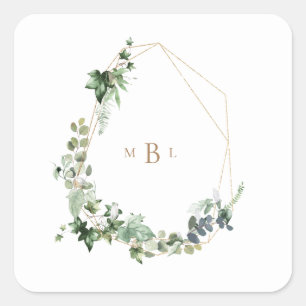Foliage & Guld Monogram White Bröllop Fyrkantigt Klistermärke