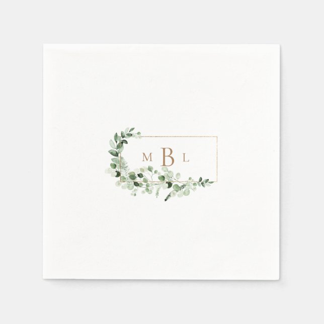 Foliage & Guld Monogram White Elegant Cocktail Pappersservett (Framsidan)