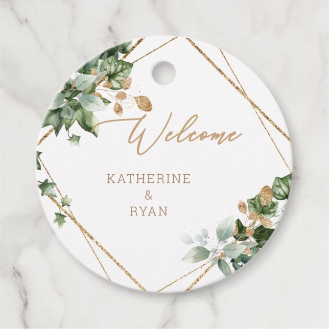 Foliage & Guld Namn Bröllop Tack Gåvor Etiketter (Framsida)