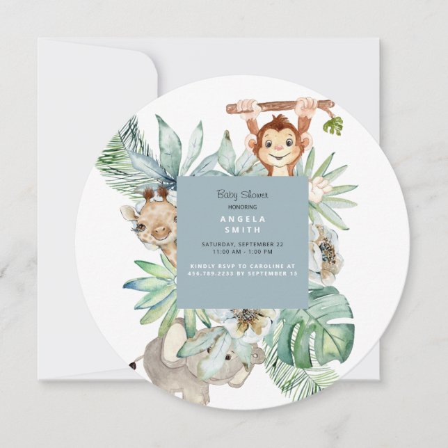 Foliage Jungle Animals Dusty Blue Baby Round Inbjudningar (Framsida)