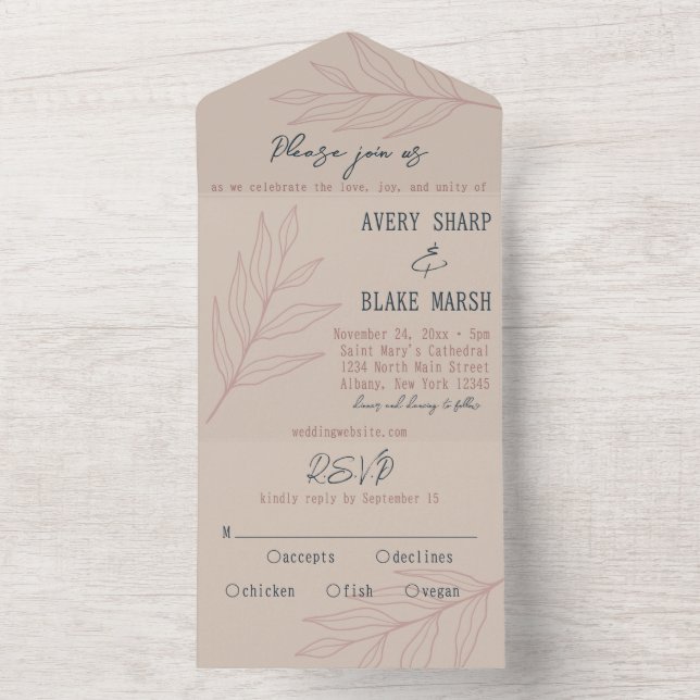 Foliage Line Art Champagne, Rosa och Navy Boho (Insida)