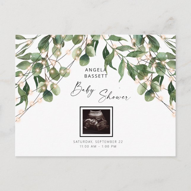 Foliage & Ljus Ultrasound Photo Baby Shower Inv. Inbjudan Vykort (Framsida)