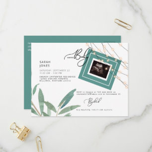 Foliage & Ljus Ultrasound Teal Baby Shower Inbjudan Vykort