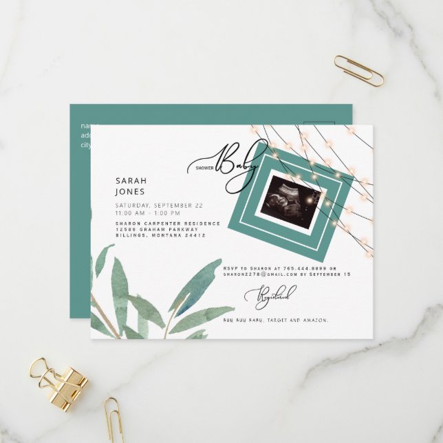 Foliage & Ljus Ultrasound Teal Baby Shower Inbjudan Vykort (Fram/Back In Situ)
