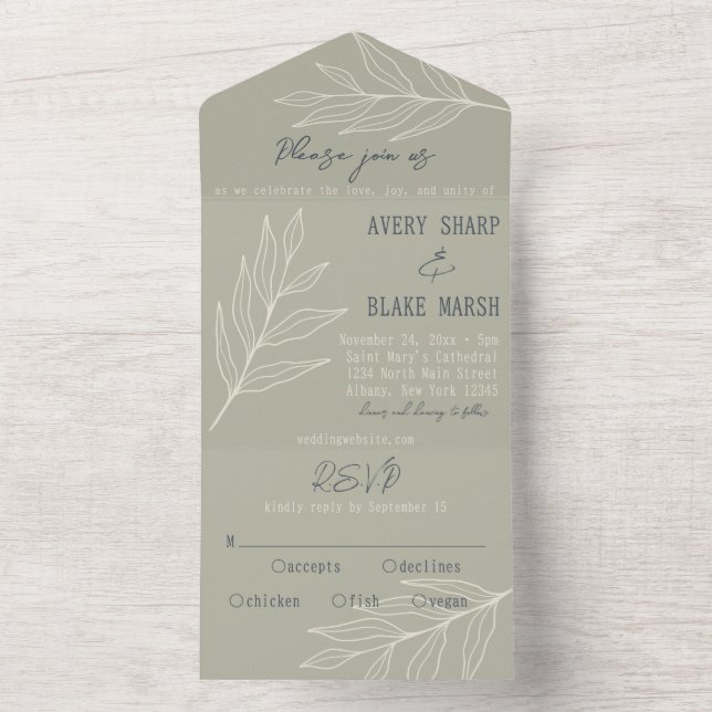 Foliage Löv Line Art Sage, Cream & Navy Boho (Insida)