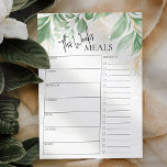 Foliage Minimum Script Text Weekly Meal Planner<br><div class="desc">Minimal måltidsplanering för textskript med en lista över livsmedel där du kan notera dina köpbehov. Den minsta måltidsplaneraren levereras med ett anteckningsområde längst bak där du kan lägga till påminnelser från extra eller sak som du inte vill missa. Måltidsplanering är en bra och nyttig metod för att kartlägga måltider för...</div>