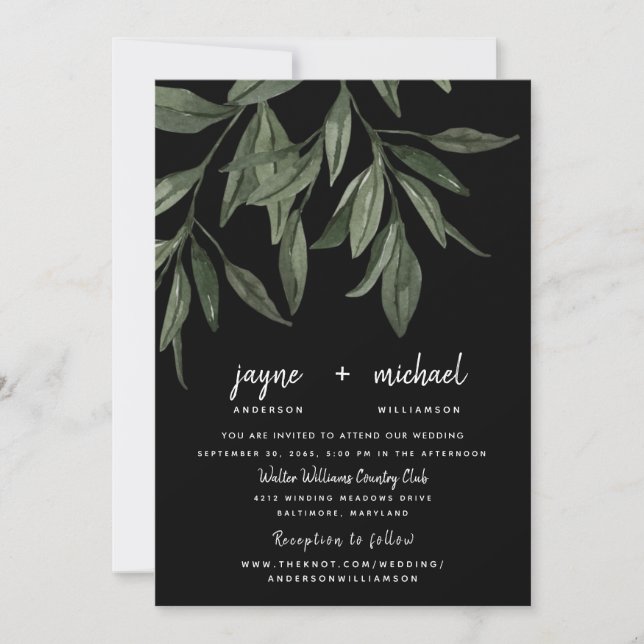 Foliage Modern Font Black-webbplats Bröllop Inbjudningar (Framsida)