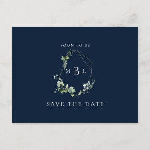 Foliage Monogram Bröllop Bevara Datum Navy Meddelande Vykort