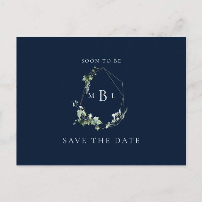 Foliage Monogram Bröllop Bevara Datum Navy Meddelande Vykort (Framsida)