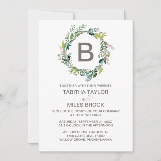 Foliage Monogram Utandning Bröllop Inbjudningar (Framsida)