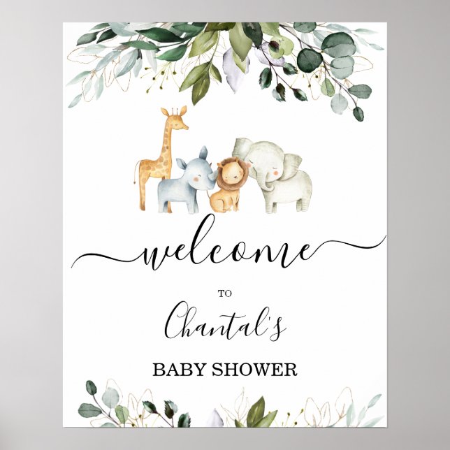Foliage Safari Animals Baby Shower Välkomstskylt Poster (Framsidan)