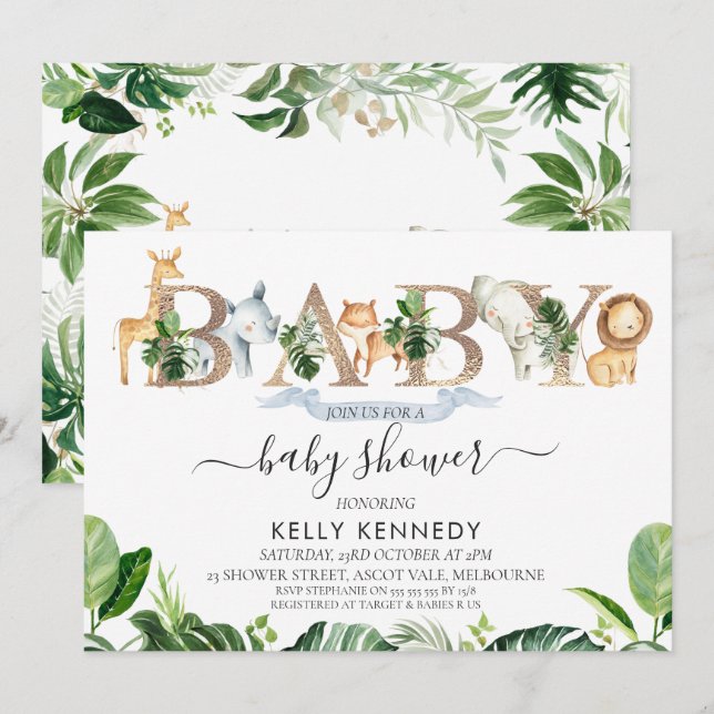 Foliage Safari Animals Ord Baby Shower-inbjudan Inbjudningar (Fram/baksida)