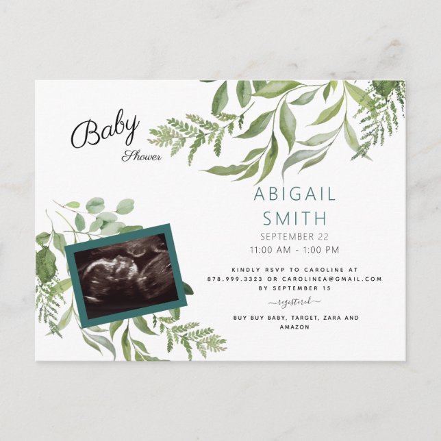 Foliage Ultrasound Photo Teal Baby Shower Inbjudan Vykort (Framsida)