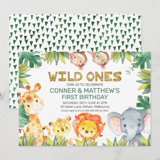 Foliage Vild 1 Twin Boys Safari Animals Birthday Inbjudningar (Fram/baksida)