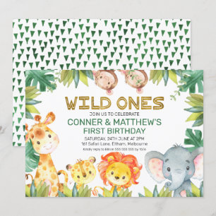 Foliage Vild 1 Twin Boys Safari Animals Birthday Inbjudningar