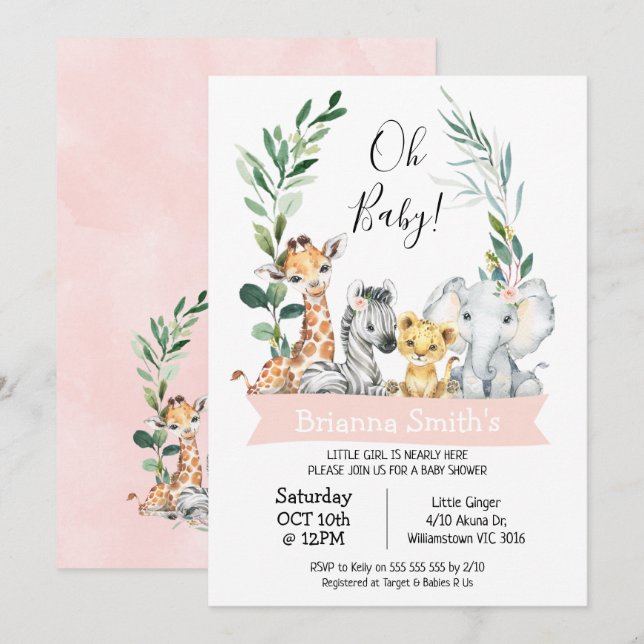 Foliage WAN Girls Safari Animals Baby Shower Inbjudningar (Fram/baksida)