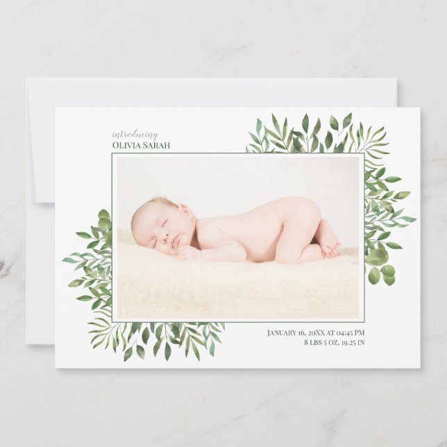 Foliage Watercolor Photo Collage Newborn Birth Meddelande (Framsida)