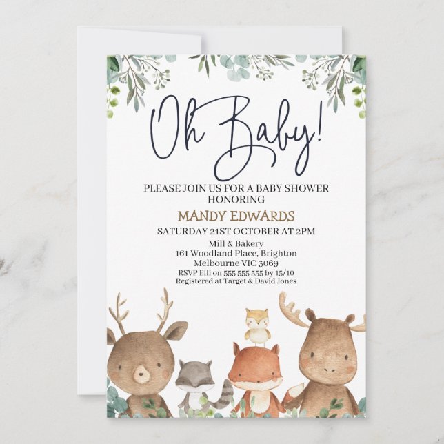 Foliage Woodland Animals Baby Shower Inbjudningar (Framsida)