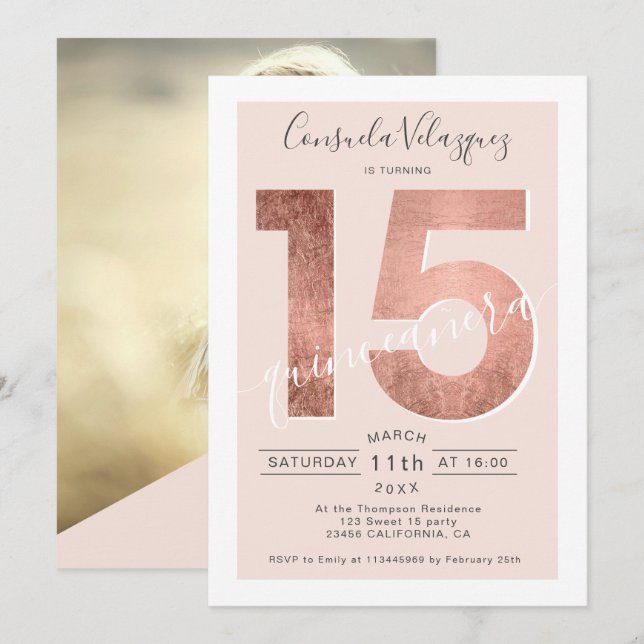 -folie av guld, Ro quinceanera-foto Inbjudningar (Fram/baksida)