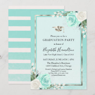 Folie Silver & Teal Modern Blommig Examenfest Inbjudningar
