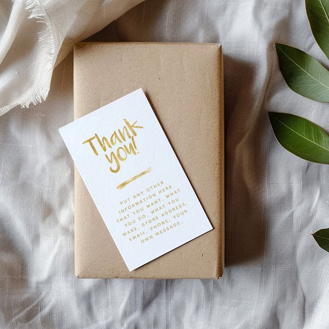 Folieeffekt tack kort infoga sociala länkar ("Thank you!" in a fun script with a gold foil effect, all on a white background enclosure card)