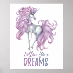 Följ dina drömmar - Lila & Vit Enhörning Poster