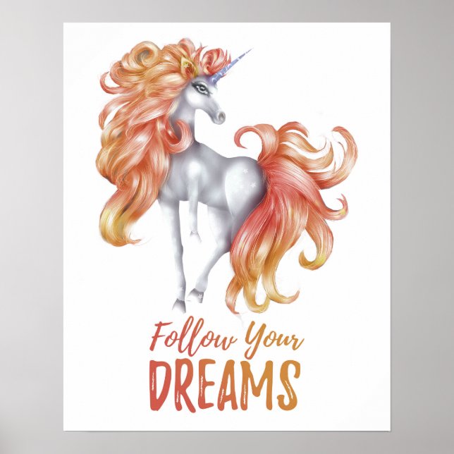 Följ dina drömmar - Orange & Vit Enhörning Poster (Framsidan)