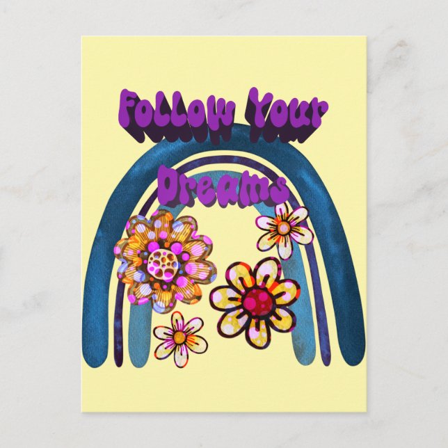 Följ dina drömmar - regnbåge och blommor vykort (Framsida)
