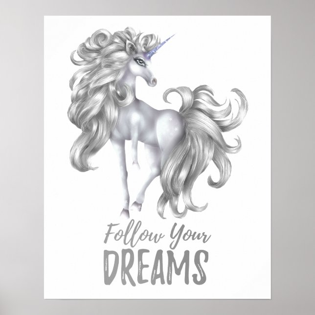 Följ dina drömmar - Silver & Vit Enhörning Poster (Framsidan)