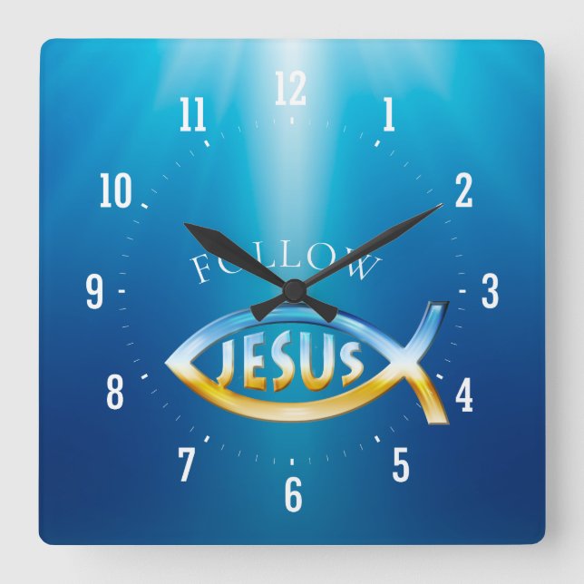 Följ Jesus - Christian Fish Symbol Fyrkantig Klocka (Framsida)