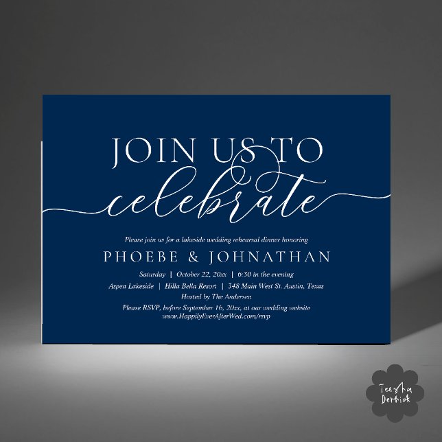 Följ med oss för att fira, Bröllopsrepetition Midd Inbjudningar (Join Us To Celebrate, Wedding Rehearsal Dinner Invitation card in navy blue)