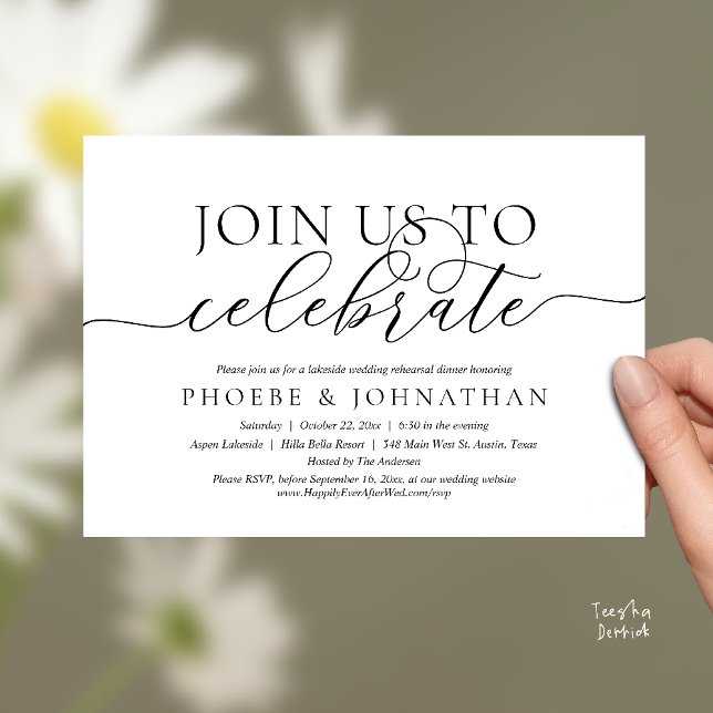 Följ med oss för att fira, Bröllopsrepetition Midd Inbjudningar (Join Us To Celebrate, Modern Classy Wedding Rehearsal Dinner Invitation card in black and white)
