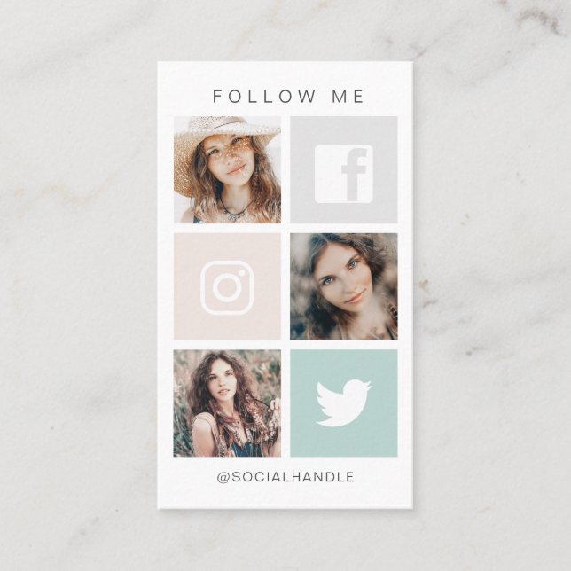 Följ mig Social Media Square Grid Photo Collage Visitkort (Framsida)