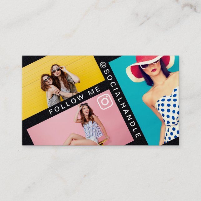 Följ mig Trendig Social Media Photo Layout Black Visitkort (Framsida)