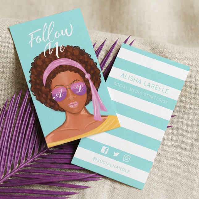 Följ mig Trendiget Modern Beach Beauty Social Medi Visitkort (Girl Boss Content Creator Social Media Influencer Business Card)