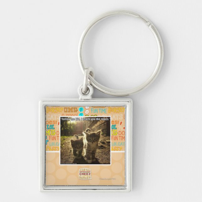 Följ mig ungen fyrkantig silverfärgad nyckelring (Framsidan)